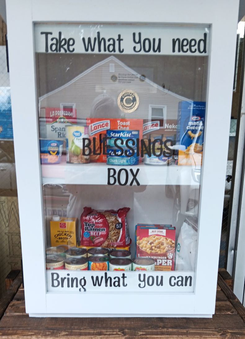 White blessing box with glass window panes