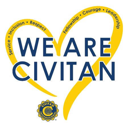 Yellow outline of a heart and blue words We are Civitan