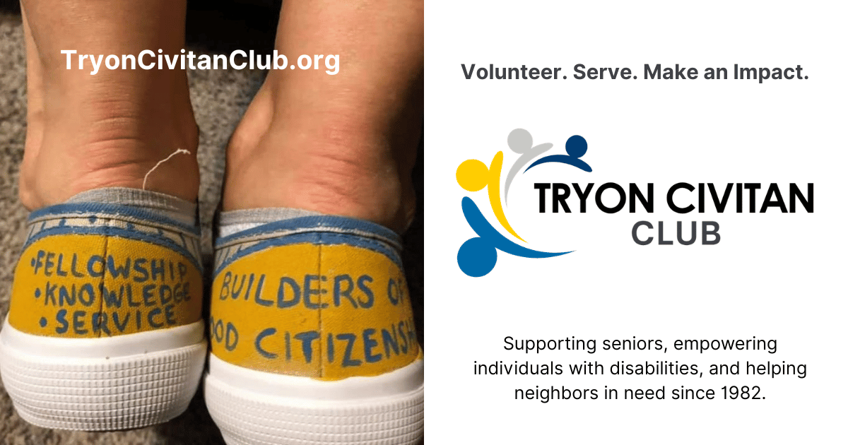 Split screen image with yellow Civitan sneakers on left and right side has Tryon Civitan Club logo